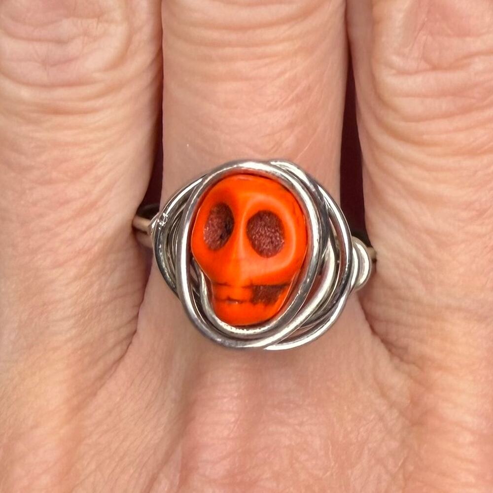 Orange skull ring wire wrap handmade